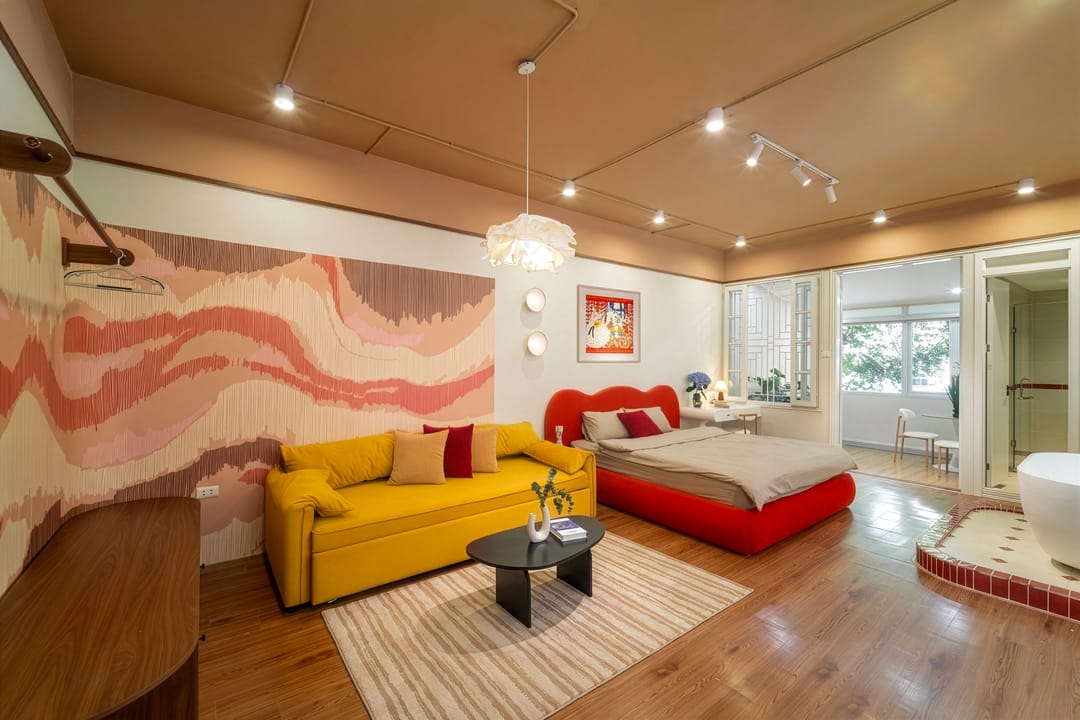 Studio 4A: con sóng bằng vải tua rua màu san hô trải dọc một bức tường, ghế sofa giường màu vàng và giường đỏ đầu bo tròn, tranh dân gian và cửa Pháp ra ban công, bồn tắm bên phải